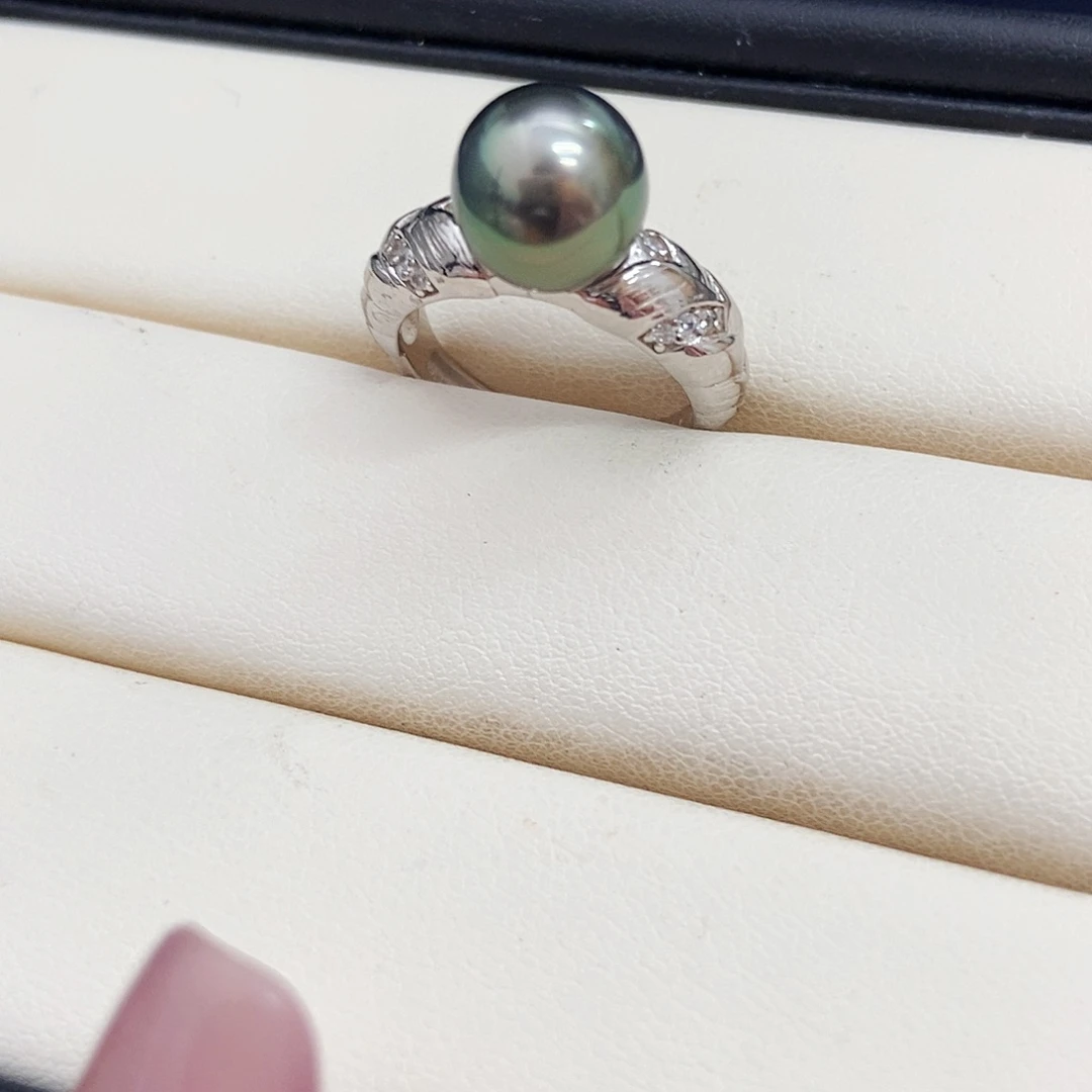 海水珍珠银S925镶嵌戒圈福利孔雀绿戒指