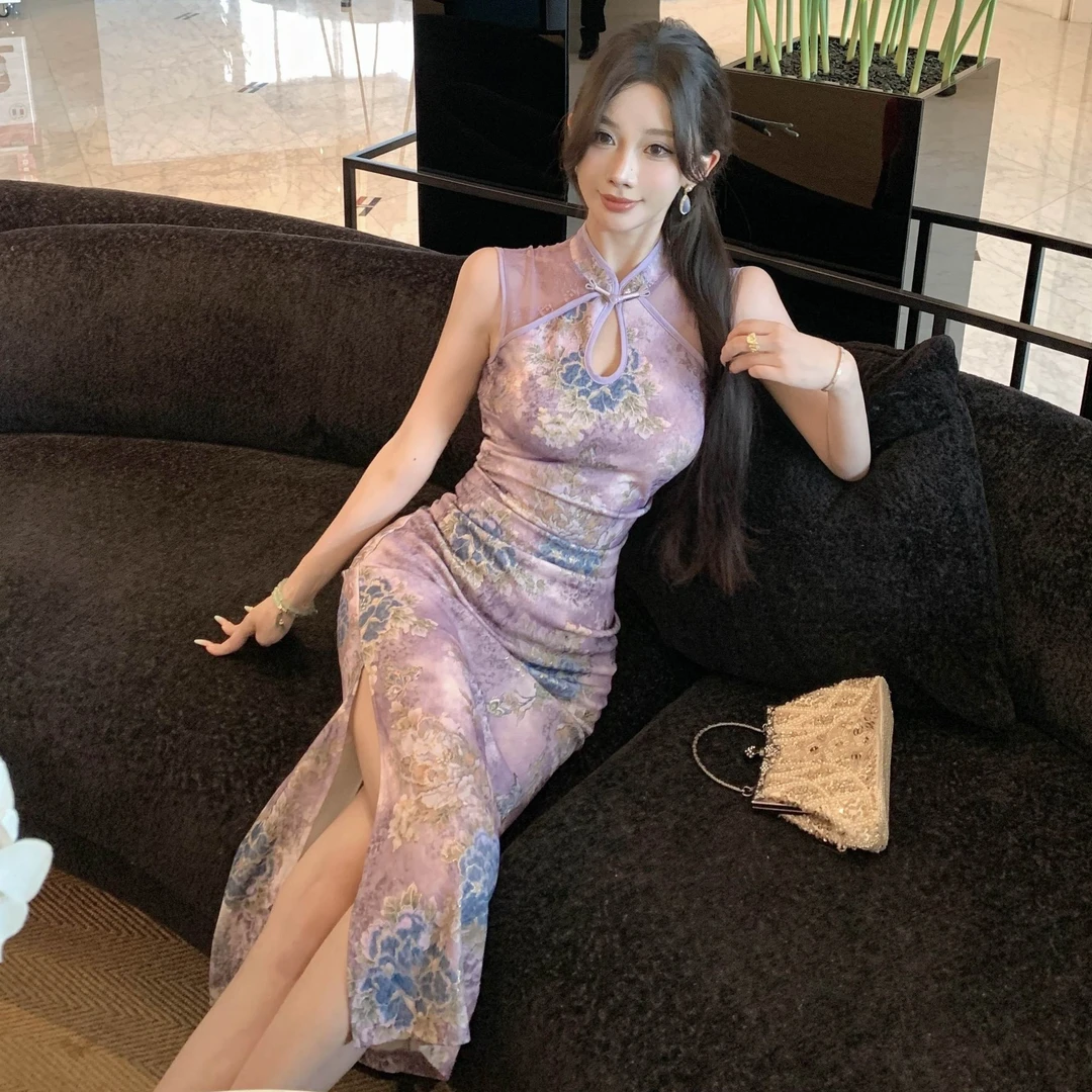 新中式国风复古紫色碎花挂脖连衣裙性感辣妹气质收腰包臀改良旗袍