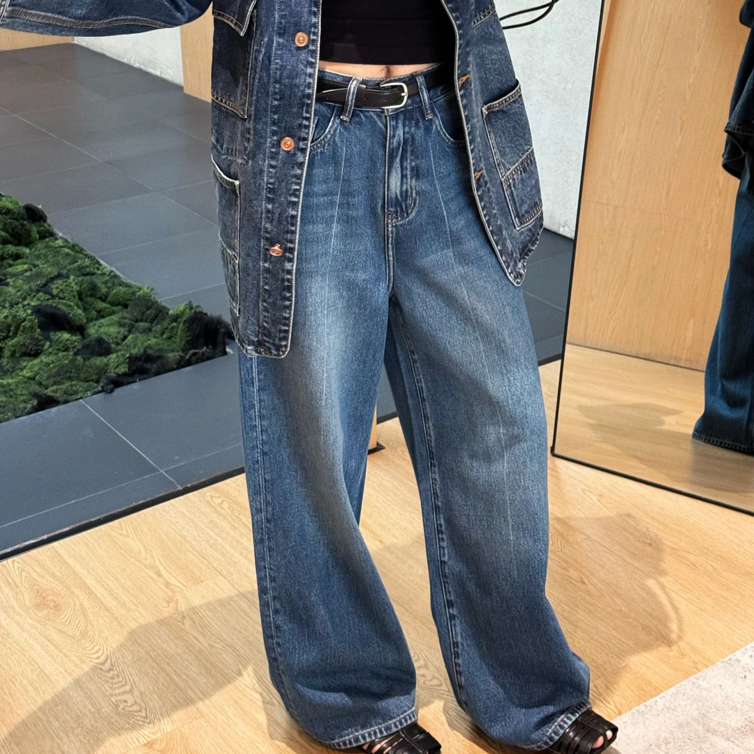 新款显瘦浅色设计阔腿牛仔裤拖地长裤女