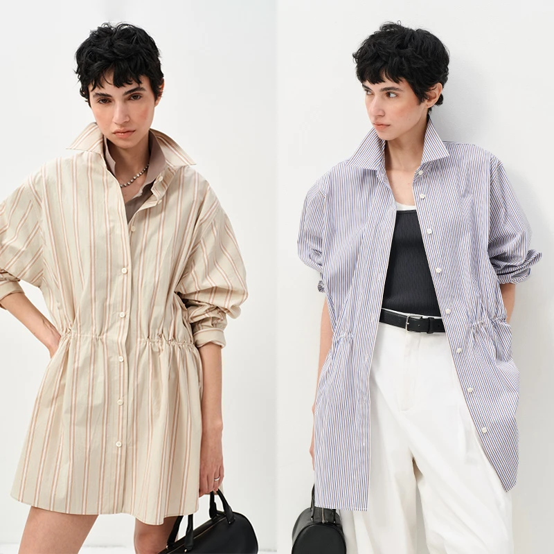 INYASAKO重磅色织条纹一衣多穿衬衫裙灵活抽绳收腰衬衫裙