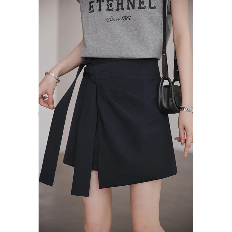 小谷粒夏季新款显瘦气质高腰时尚百搭欧尼半身裙后腰松紧纽结活页