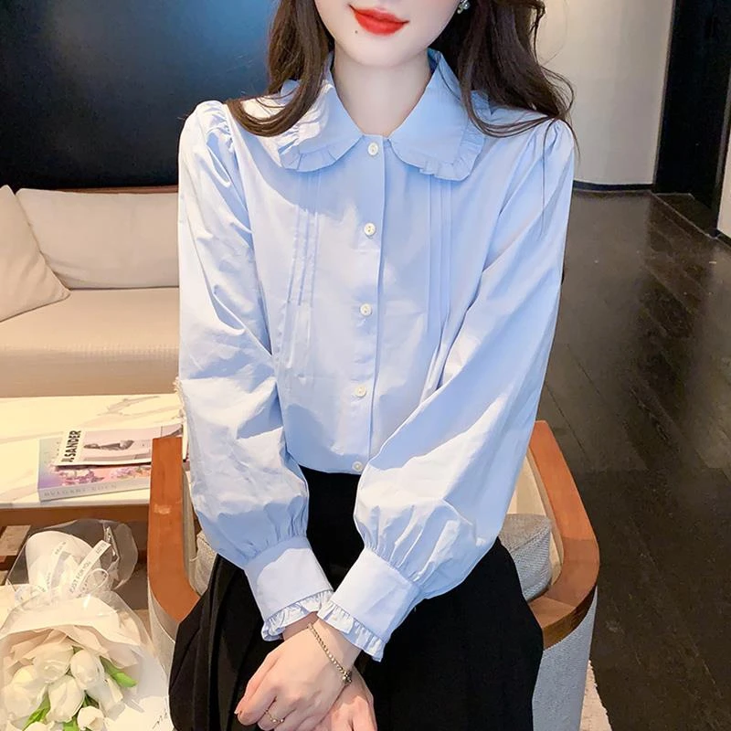 时尚娃娃领长袖衬衫女士2025秋季新款减龄百搭衬衣设计感小众上衣