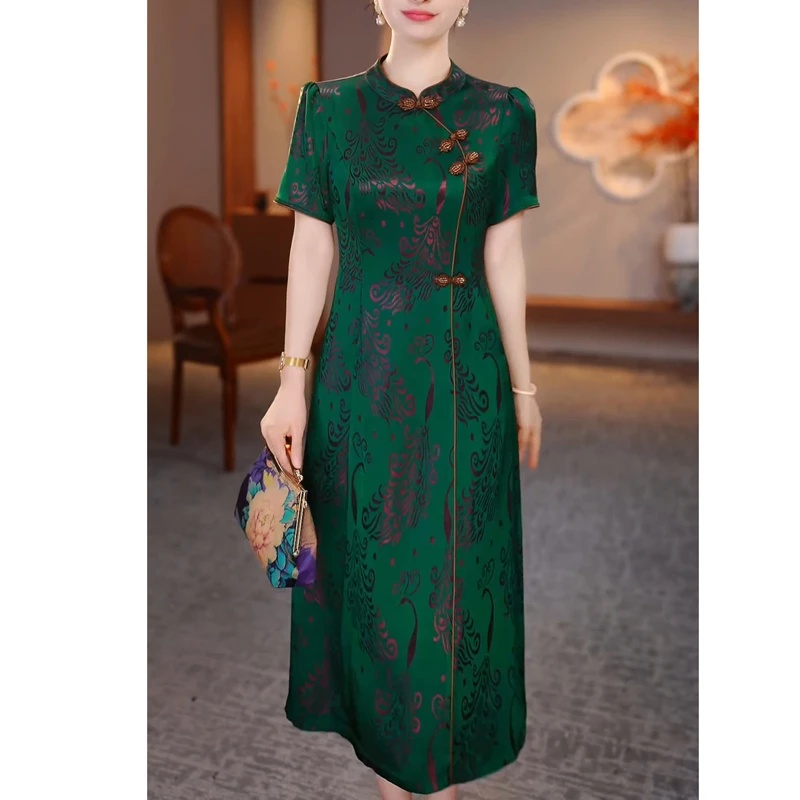 改良旗袍连衣裙2025夏季中长裙国风大码妈妈女装高档减龄洋气显瘦