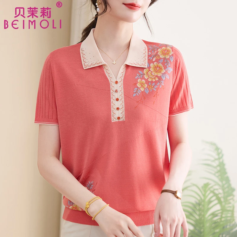 母亲节衣服妈妈装夏装短袖T恤洋气新款中老年女薄款翻领上衣冰丝