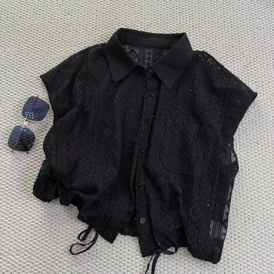 夏季时尚下摆抽绳翻领钩花短款衬衫上衣