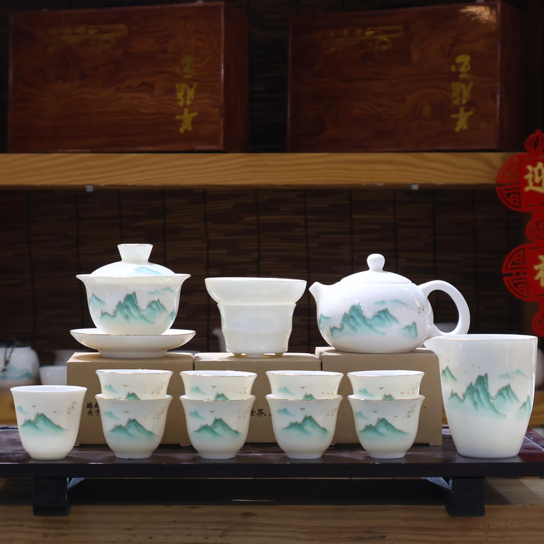 麦城羊脂玉瓷千里江山茶具套装