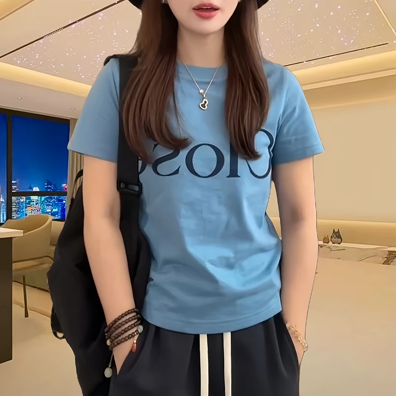 【Close】夏季新款美式字母印花蓝色圆领修身显瘦短袖T恤女短款上衣