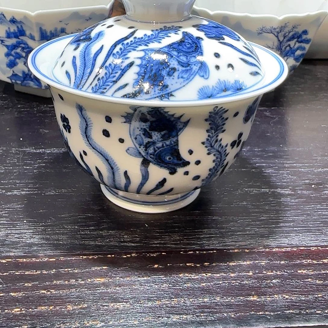 醒***言摆件陶瓷鱼藻盖碗全品