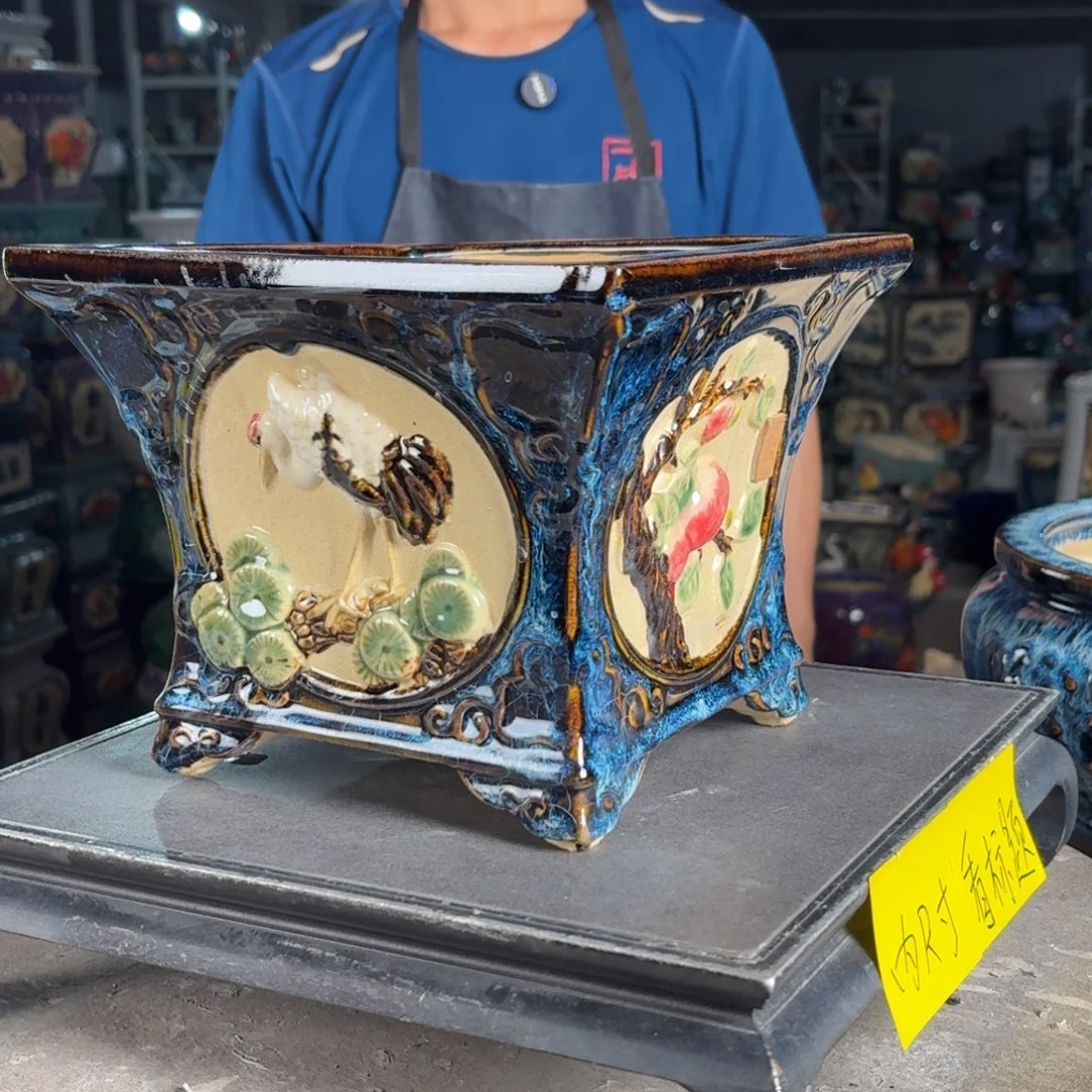 一风堂石湾花盆 内18*14盆口变形高温裂瑕疵