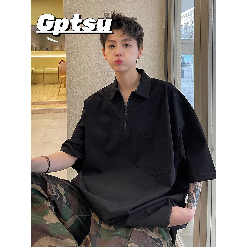 GPTSu休闲美式半拉链polo衫男夏季痞帅工装翻领短袖t恤潮男士宽松