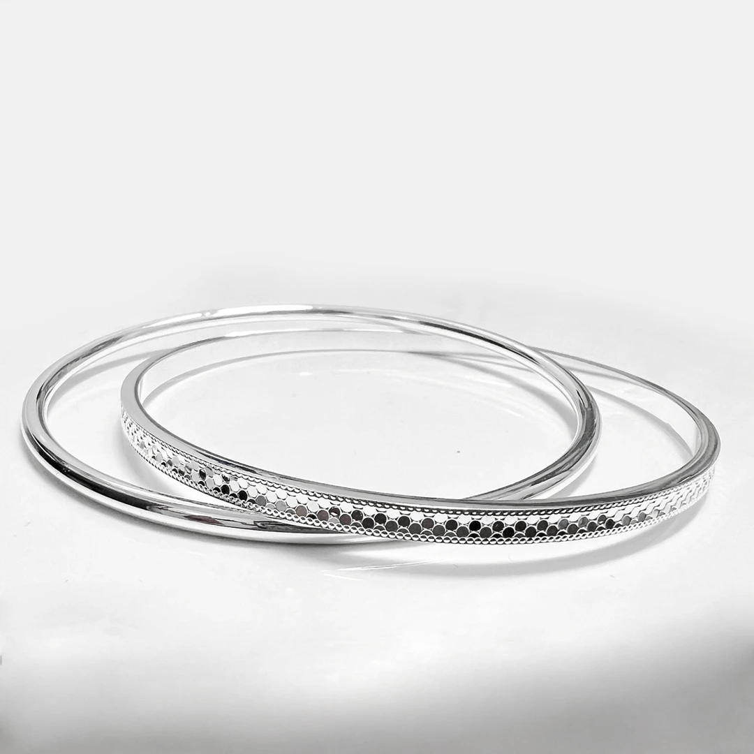 足银手镯 足银9999   龙鳞+亮面细圆条双环闭口实心纯银手镯