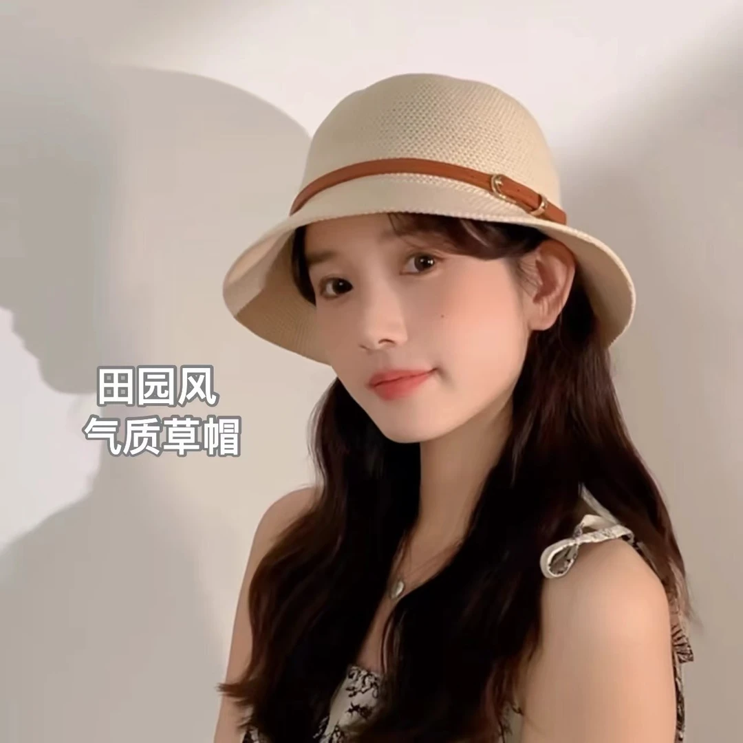 户外遮阳草帽田园风女夏季防晒气质渔夫帽圆顶草帽时尚百搭