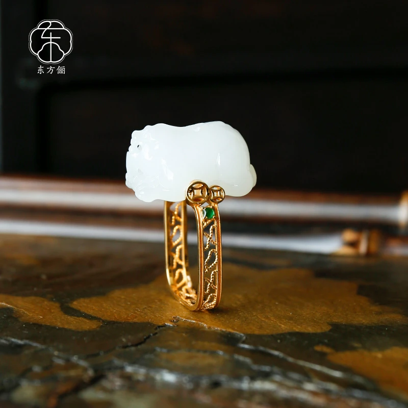 东方俪DOFUNLY【望海潮】和田玉18K金白玉戒指貔貅中国风WYJZ云窗
