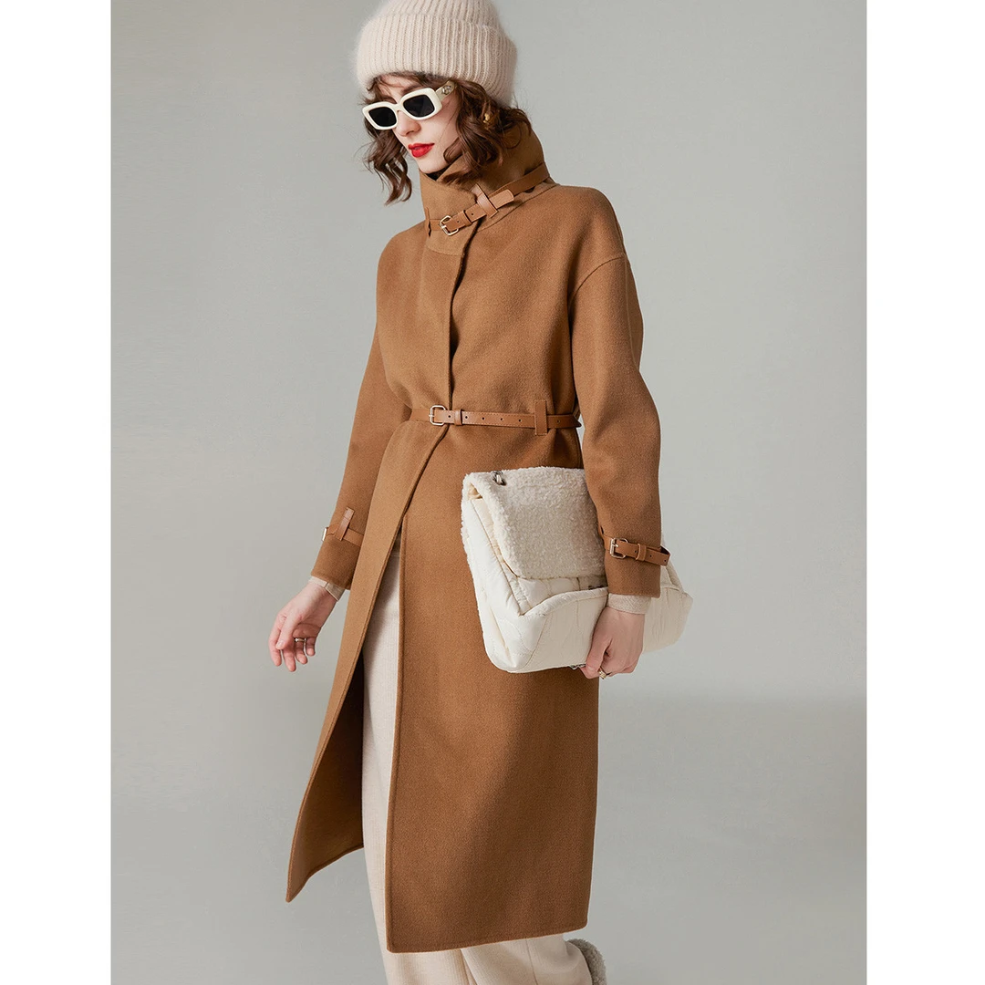 白鹿语冬款气质时尚腰带通勤长款毛呢羊毛混纺双面呢大衣BX30141