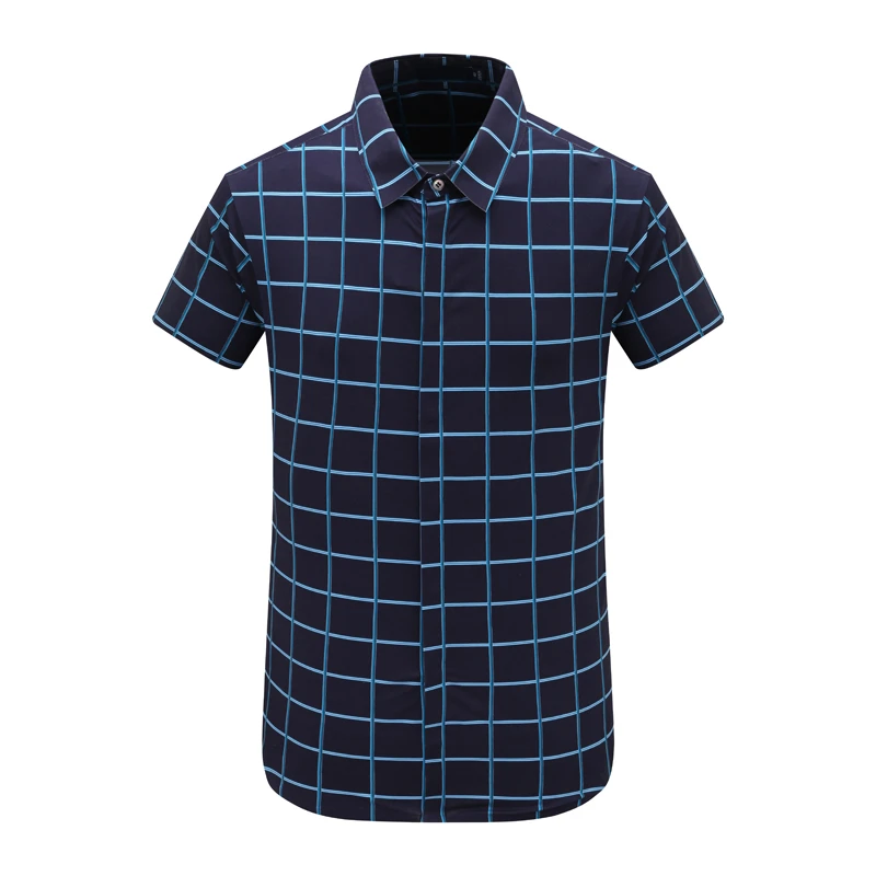 AB735歌男式夏季短袖衬衫 棉百搭商务休闲上衣 蓝格弹力
