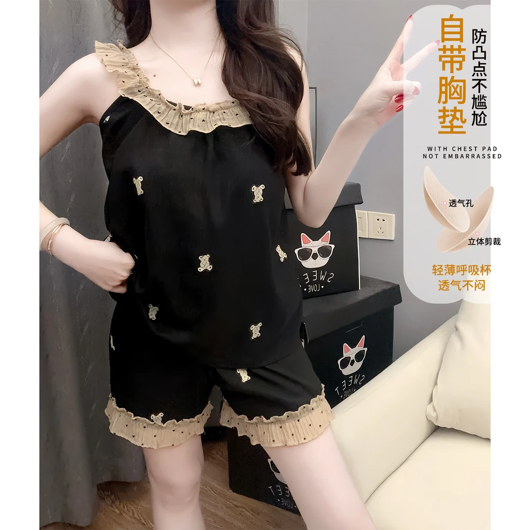 带胸垫睡衣女夏季天可爱小熊吊带云朵棉小个子少女新款家居服套装