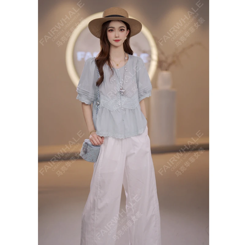 马克华菲女装夏季2025经典圆领衬衫法式拼接蕾丝花边小衫遮肉显瘦