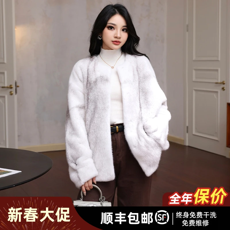 段小姐月光倾城稀奢蓝十字小母貂圆领水貂皮大衣女整貂皮草外套