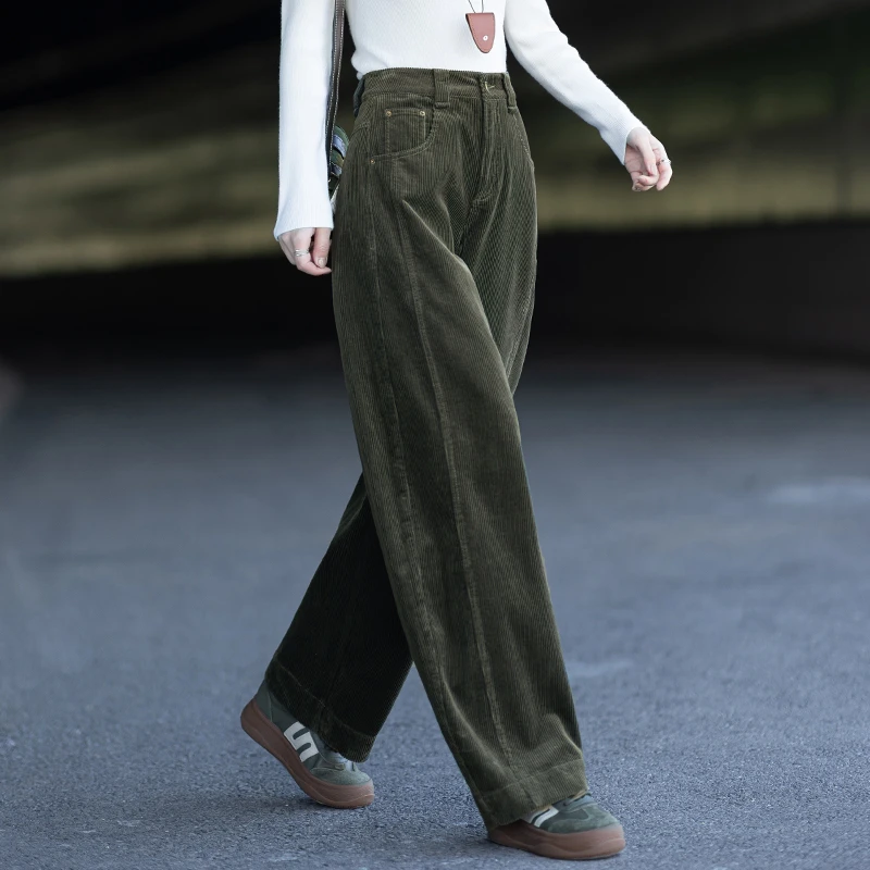 军绿色灯芯绒裤子2025新款秋冬季休闲裤女老钱风条绒弯刀裤哈伦裤