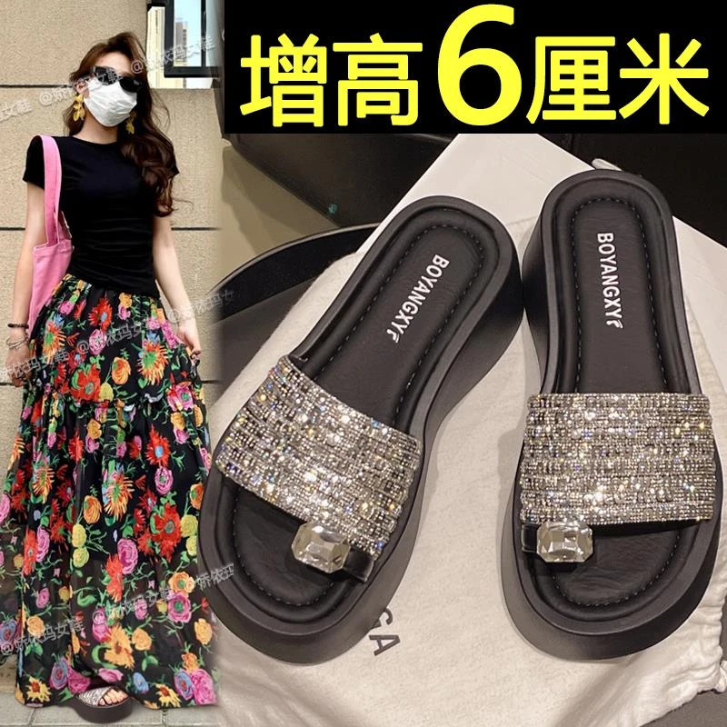 水钻厚底凉拖鞋女夏外穿2025新款超火配裙子绝美不累脚增高沙滩鞋