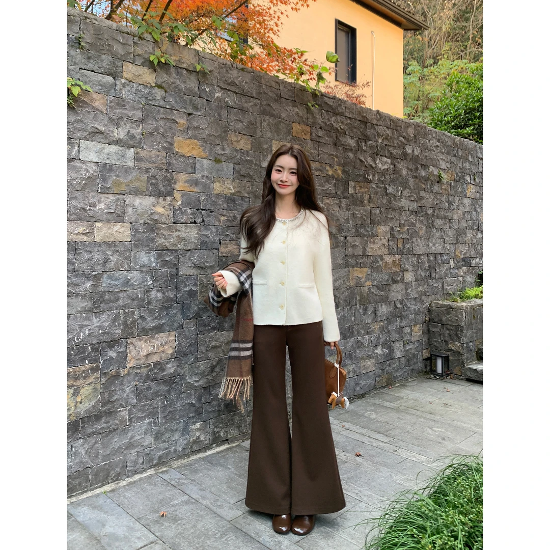 pusumede 理想裤型 咖色高腰微喇休闲裤女秋冬气质显瘦直筒喇叭裤