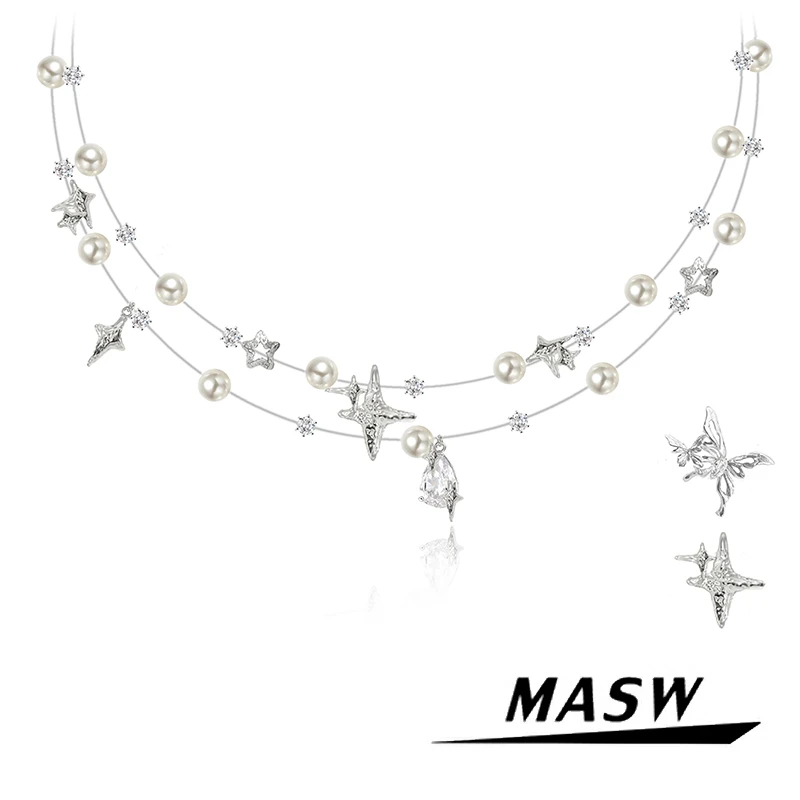 masw/麻秀 铜合金仿珍珠项链 多层叠戴满天星项链串珠锁骨链M3005