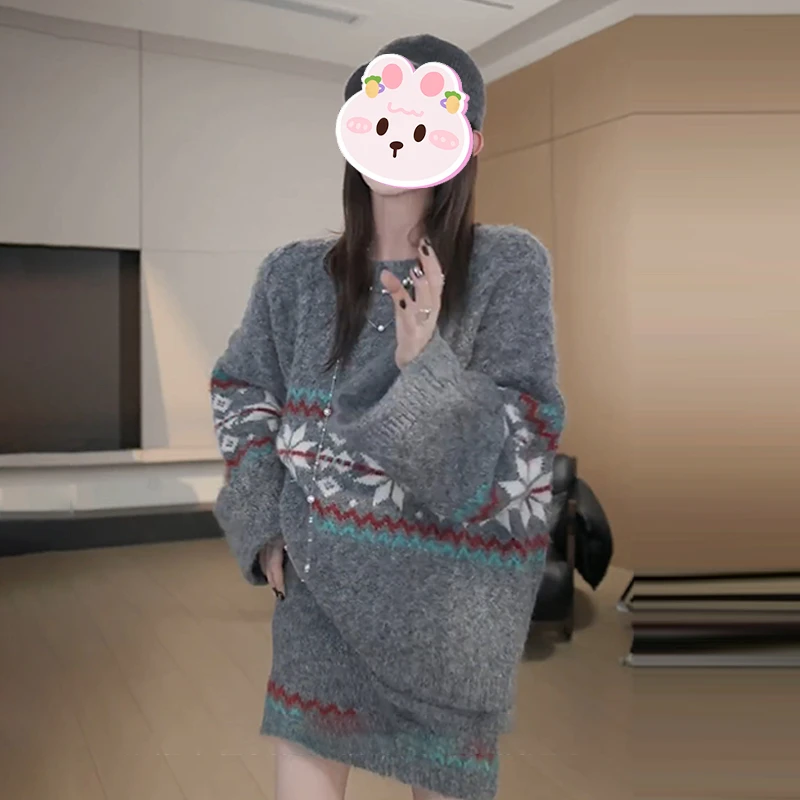 2025冬季新款慵懒风针织衫女韩系宽松显瘦气质费尔岛圆领长袖上衣