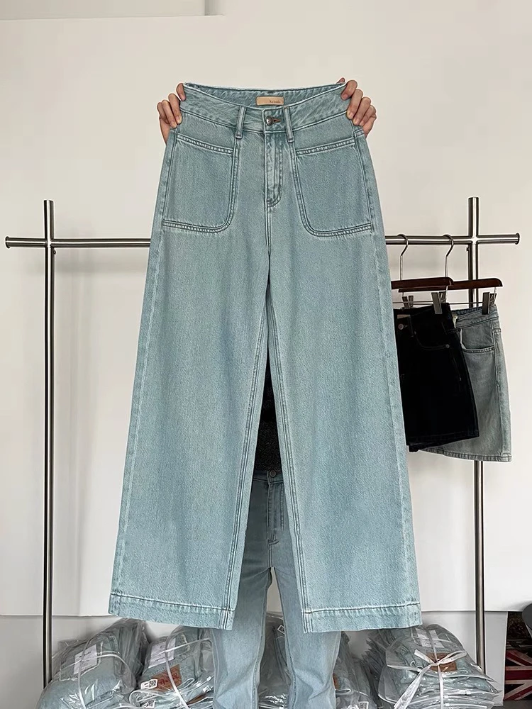 K83669#春夏款 无弹软牛仔 韩版高腰直筒阔腿裤 宽松牛仔裤女