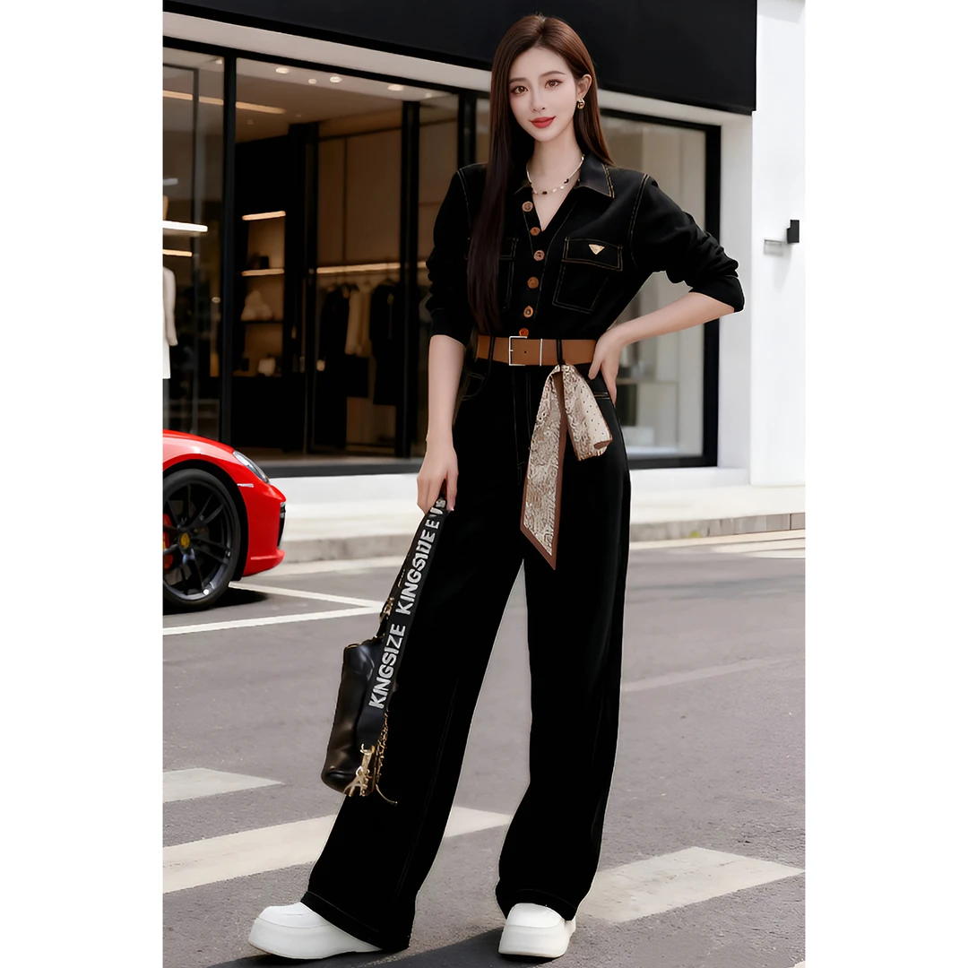 复古气质翻领长袖连体裤女2026春秋新款设计感减龄收腰显瘦直筒裤