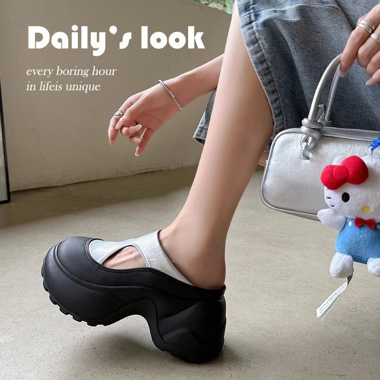 牛皮银色包头拖鞋女松糕厚底小个子增高镂空