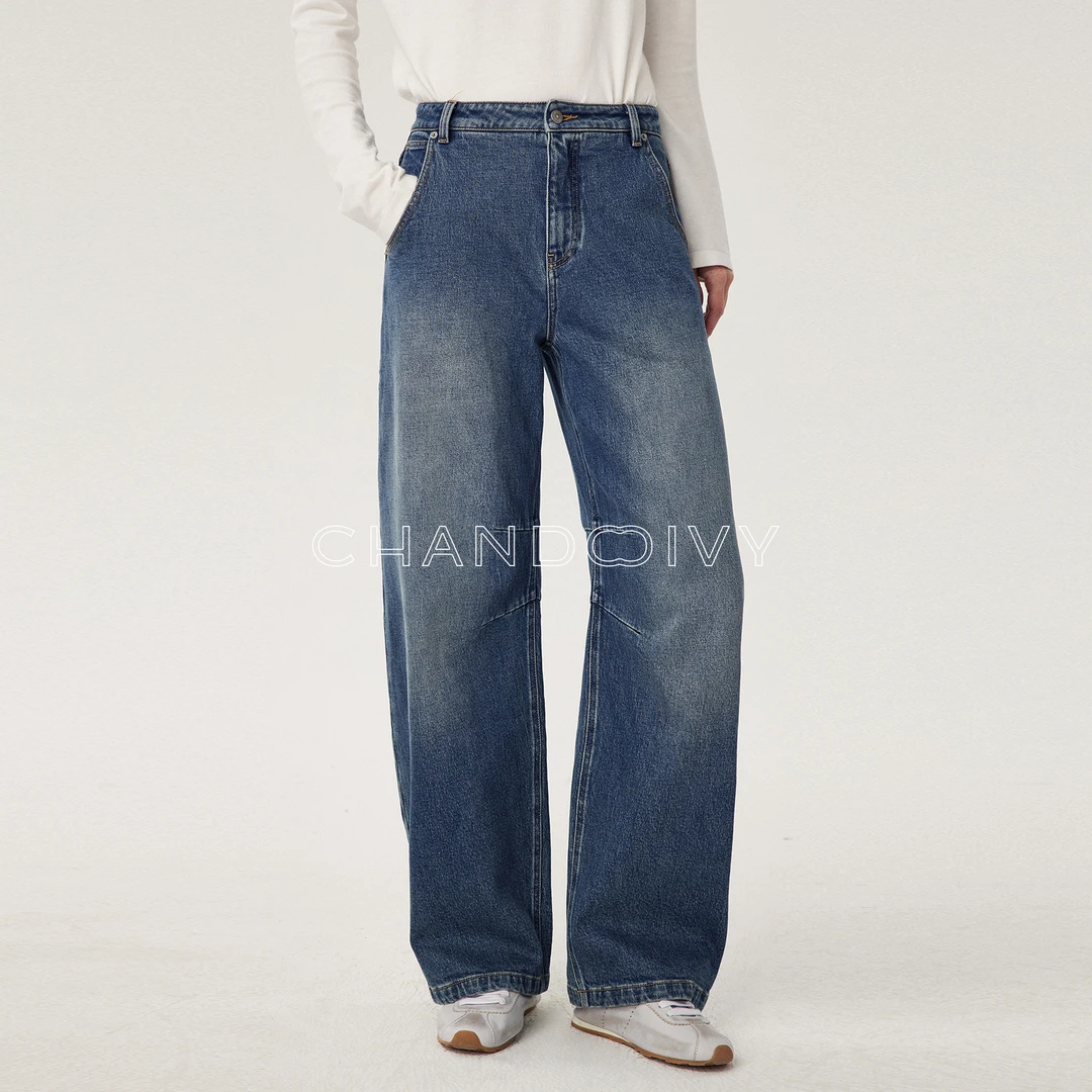 CHANDOOIVY复古怀旧新疆棉微弹加绒廓形弧摆牛仔裤