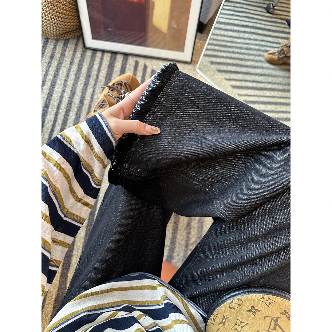 毛边阔腿牛仔裤女秋季2025新款大码胖mm高腰宽松显瘦九分直筒裤子