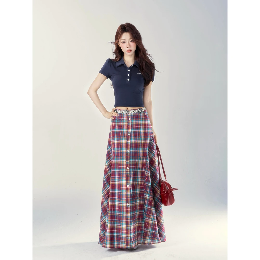 【小野莓】夏季气质设计感甜酷红格a字半裙时髦出游短袖套装BT97748