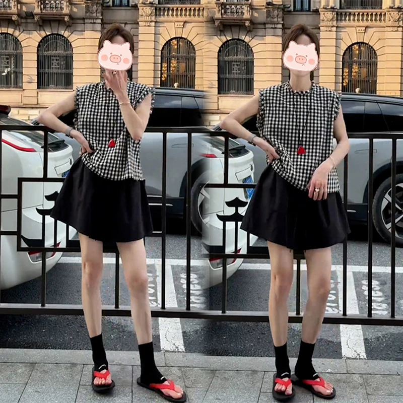 巨好看的夏装一整套2025新款轻奢高级感气质格子衬衣短裤两件套女