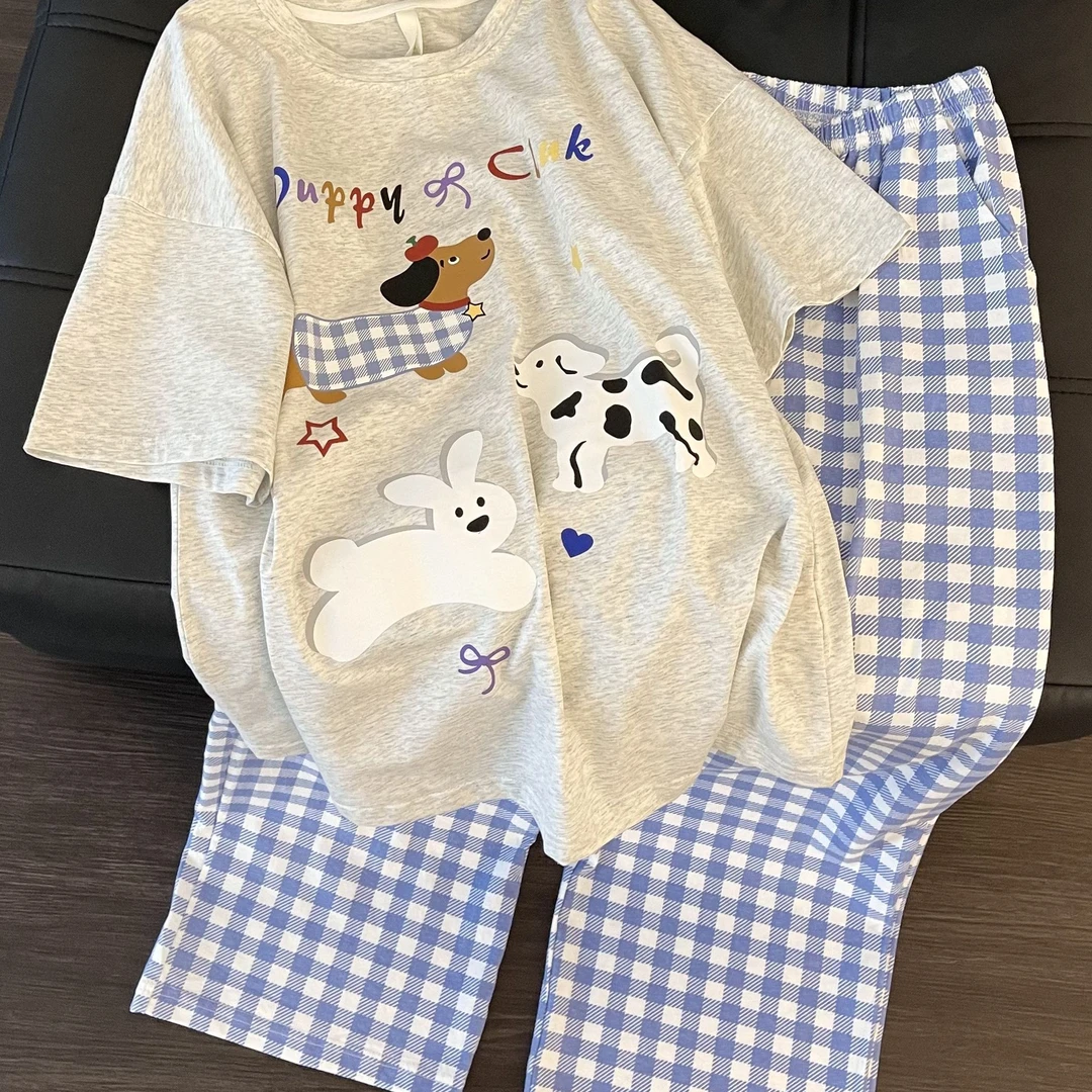 2025年韩系卡通小狗印花短袖睡衣女夏款格纹长裤家居服两件套女生