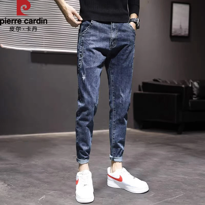 皮尔卡丹水泥灰牛仔裤男士修身小脚潮牌休闲春夏帅气韩版长裤子男