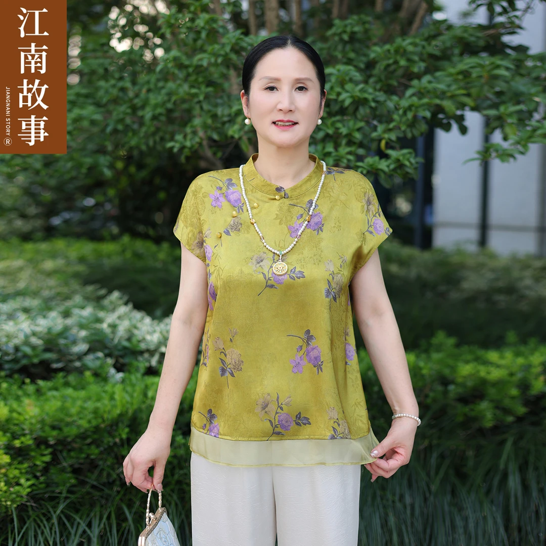 江南故事2025夏季薄款气质中老年女装中式印花复古旗袍立领上衣