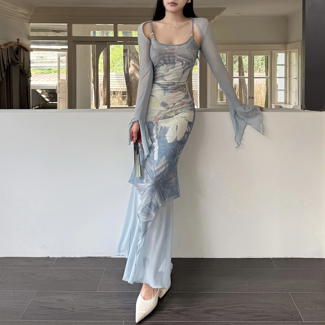 复古印花吊带连衣裙套装2025夏季新款性感气质网纱开衫包臀套装裙