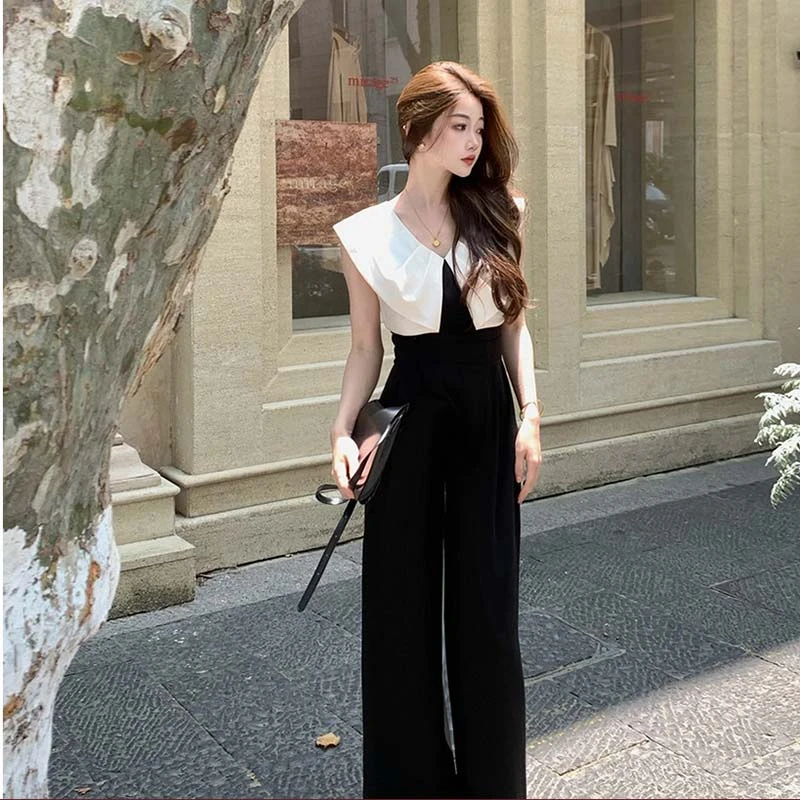 【沐紫】黑色撞色高腰显瘦阔腿连体裤阔腿裤夏季连衣裤D2098