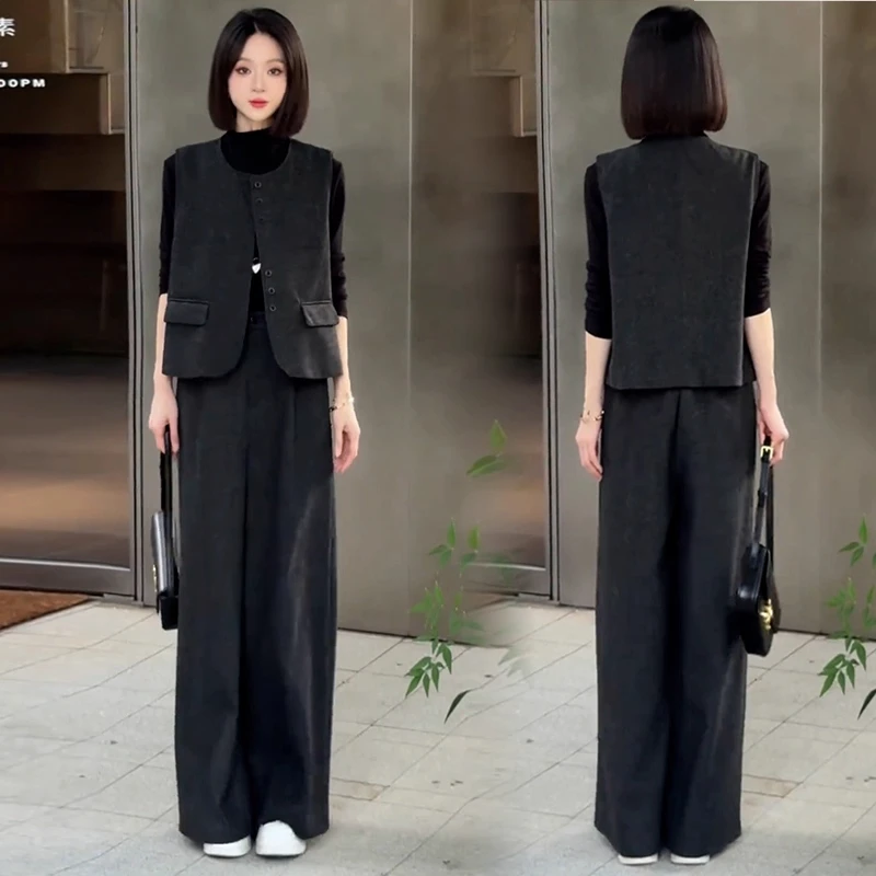 高级感时尚套装女2025秋季新款洋气显瘦马甲打底衫阔腿裤三件套潮