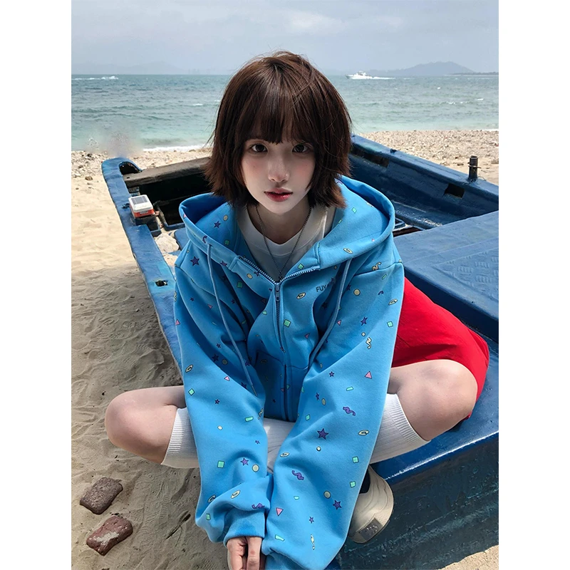 临典LDAB蓝色开衫卫衣外套女2025春夏新款美式印花设计感百搭帽衫