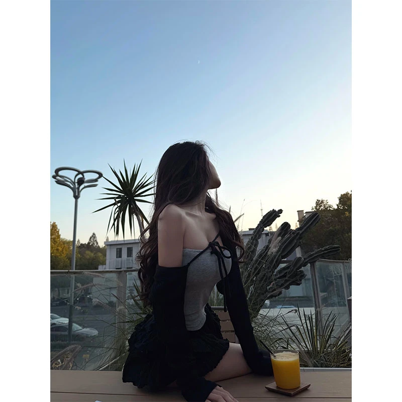 INS博主同款纯欲风抹胸配木耳花边绑带披肩上衣两件套配显瘦短裙