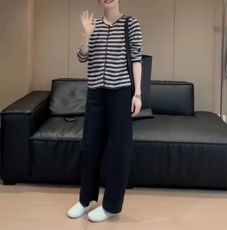 新款慵懒风条纹开衫高腰休闲裤洋气显瘦女装