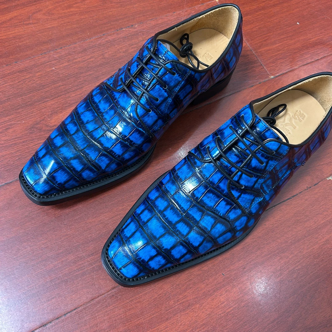 鳄鱼皮鞋子男士商务正装系带真皮鞋百搭透气纯手工擦色固特异定制