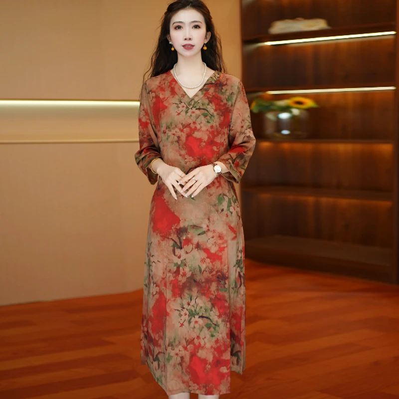 红色花开富贵 中袖 气质中长款夏季时连衣裙百搭遮肉裙子24A9 2