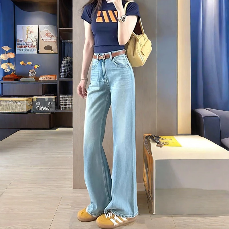 浅色天丝阔腿牛仔裤女2025夏季薄款小个子高腰直筒百搭垂感拖地裤