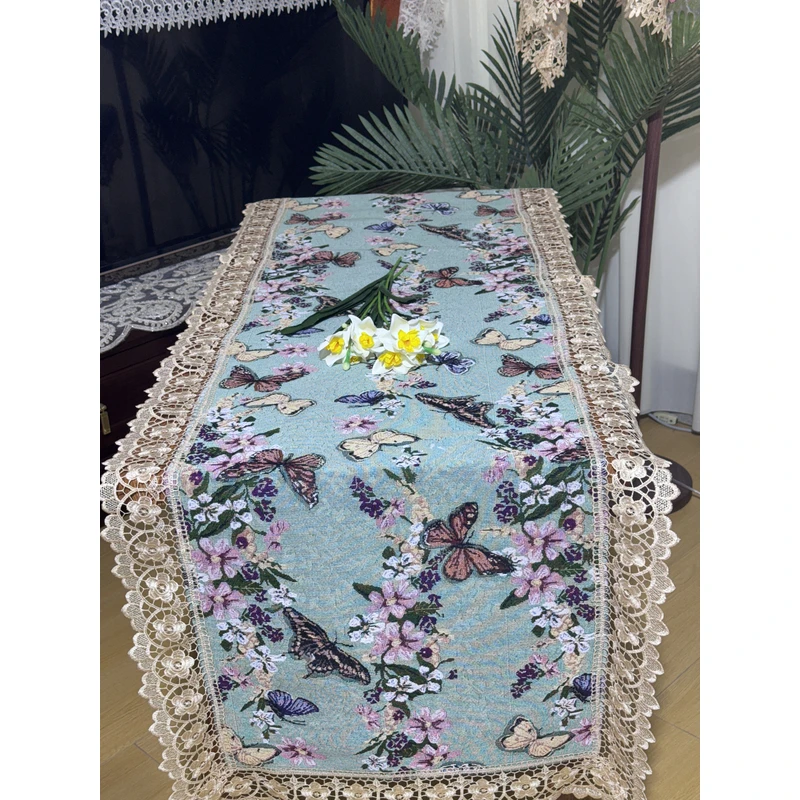 ZN111-75棉麻【60*180】绿蝴蝶水溶花边棉麻交织布桌布茶几布莫奈油