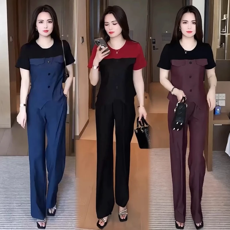 2025时尚套装女夏季新款洋气质减龄显瘦拼色短袖上衣阔腿裤两件套