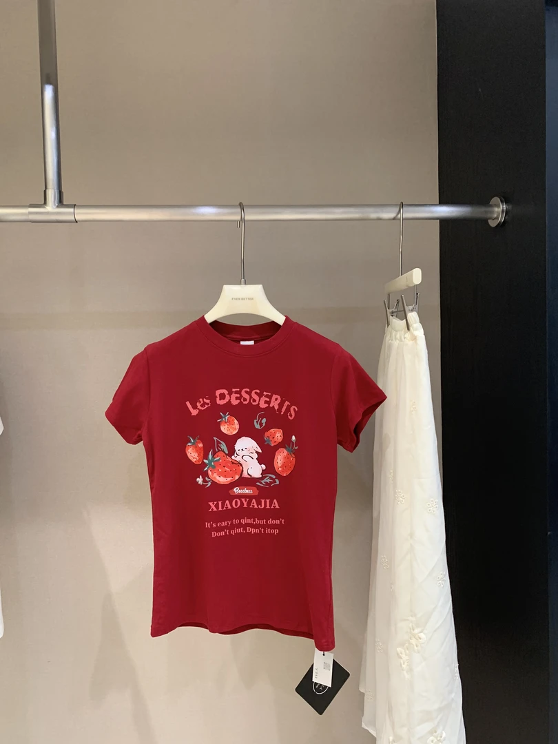 （kc）EVE（2114#）韩系草莓涂鸦印花正肩修身短袖t恤