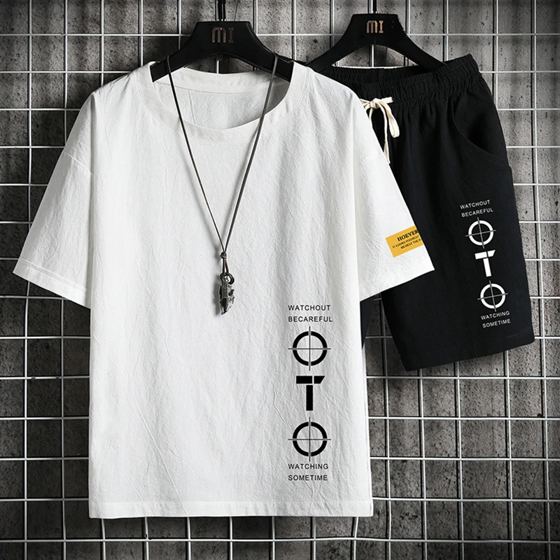 亚麻短袖t恤男士夏季休闲套装大码搭配短裤潮胖子宽松棉麻两件套